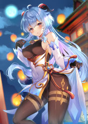 Rule 34 | 1girl, absurdres, ahoge, architecture, bare shoulders, bell, black gloves, black leotard, black pantyhose, blue hair, breasts, clothes lift, cloud, covered navel, cowbell, detached sleeves, dot nose, east asian architecture, eric (tianqijiang), floating hair, ganyu (genshin impact), genshin impact, gloves, goat horns, gold trim, hand up, highres, horns, impossible clothes, impossible leotard, leg up, leotard, lifting own clothes, long hair, looking at viewer, moon, multicolored eyes, neck bell, night, orange eyes, pantyhose, pelvic curtain, purple eyes, sideboob, sidelocks, solo, tassel, thighs, very long hair, vision (genshin impact)