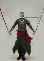 Rule 34 | 1boy, android, cyborg, dual wielding, full body, gradient background, haramaki, holding, image sample, male focus, mouth hold, one-eyed, one piece, pixiv sample, resized, robe, roronoa zoro, solo, standing, sword, tasuke00, weapon