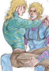 Rule 34 | 2boys, arms around neck, blonde hair, blue eyes, blue lips, blue nails, chain12123871, diego brando, johnny joestar, jojo no kimyou na bouken, long hair, long sleeves, looking at another, male focus, multiple boys, pants, sitting, sitting on lap, sitting on person, smile, steel ball run, sweater, yaoi