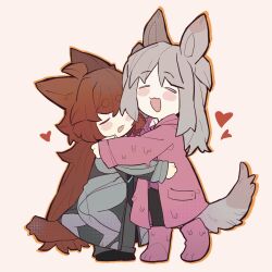 Rule 34 | 2girls, ahoge, animal ears, black footwear, black pants, boots, brown hair, cat ears, cat girl, cat tail, chinese commentary, closed eyes, coat, colored eyelashes, commentary request, dog ears, dog girl, dog tail, employee (project moon), grey coat, grey hair, grey pants, grey vest, heart, highres, hug, lobotomy corporation, long hair, long sleeves, multiple girls, no nose, open clothes, open coat, open mouth, orange outline, outline, pale skin, pants, paw shoes, pink coat, pink footwear, pink vest, project moon, shirt, simple background, smile, tail, tesna, very long hair, vest, white background, white shirt