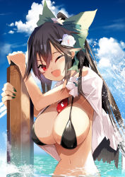 Rule 34 | 1girl, ;d, absurdres, bikini, black bikini, black hair, black nails, blue sky, bow, breasts, cleavage, cloud, control rod, fang, flower, green bow, hair bow, hair flower, hair ornament, highres, holding, large breasts, long hair, looking at viewer, nail polish, navel, ocean, one eye closed, open clothes, open mouth, outdoors, partially submerged, red eyes, reiuji utsuho, short sleeves, sky, smile, solo, swimsuit, tetsurou (fe+), third eye, touhou, upper body, wet, white flower