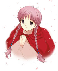 Rule 34 | 1girl, braid, cherry blossoms, from above, gradient background, jpeg artifacts, long hair, looking up, mimia, mimia hime, own hands clasped, own hands together, petals, pink hair, purple eyes, shawl, smile, solo, tanaka yutaka, twin braids