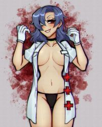 Rule 34 | 1girl, blue hair, blush, breasts, choker, cleavage, earrings, eyepatch, gloves, hair down, highres, jewelry, large breasts, latex, latex gloves, navel, open clothes, open shirt, red eyes, scar, scar on face, scar on mouth, skullgirls, smile, solo, thong, valentine (skullgirls), valeriezz