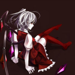 Rule 34 | 1girl, adapted costume, alternate hair color, arm support, barefoot, dress shirt, embodiment of scarlet devil, female focus, flandre scarlet, from behind, fullerene, leg up, looking back, no headwear, no shoes, pale skin, pinstripe pattern, ponytail, red eyes, red thighhighs, shirt, short hair, side ponytail, silver hair, simple background, sitting, skirt, skirt set, solo, striped, thighhighs, touhou, vest, wings, zettai ryouiki