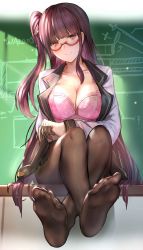 Rule 34 | 1girl, blush, bra, breasts, brown gloves, brown pantyhose, cleavage, collarbone, crossed ankles, desk, feet, finger cots, finger gloves, girls&#039; frontline, glasses, gloves, hair ribbon, half updo, himonoata, holding, holding shoes, jacket, large breasts, long hair, looking at viewer, on desk, one side up, pantyhose, pink bra, purple hair, red-framed eyewear, red eyes, ribbon, semi-rimless eyewear, shoes, sidelocks, sitting, skirt, solo, toes, under-rim eyewear, underwear, unworn shoes, very long hair, wa2000 (girls&#039; frontline), white jacket