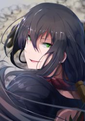 Rule 34 | 1boy, bad id, bad pixiv id, black hair, fate/grand order, fate (series), green eyes, hair between eyes, highres, long hair, looking at viewer, looking back, male focus, open mouth, ponytail, portrait, topless male, smile, tattoo, wada kazu, yan qing (fate)