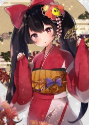 Rule 34 | 1girl, :o, ashley (warioware), black hair, blush, bow, eyelashes, hair bow, hair ornament, head tilt, highres, holding, japanese clothes, kimono, long hair, looking at viewer, meiwari, mixed-language commentary, nintendo, red eyes, sash, solo, twintails, warioware, wide sleeves