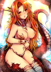 Rule 34 | 1girl, bare shoulders, breasts, cleavage, dragon girl, dragon tail, jewelry, kara (color), long hair, medium breasts, monster girl, navel, necklace, open mouth, original, red hair, solo, tail, thighhighs, tongue