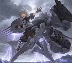 Rule 34 | 1girl, :o, armor, armored boots, arms up, ass, battleship, black gloves, blonde hair, blunt bangs, boots, cannon, cloud, cloudy sky, commentary request, commission, eminent domain (project wingman), flat chest, gloves, grey sky, harness, headgear, high collar, highres, legs apart, lightning, mecha musume, military, military vehicle, mountain, mountainous horizon, ocean, open hand, open mouth, pantyhose, personification, pixiv commission, pleated skirt, project wingman, rain, ship, short hair, skirt, sky, sleeves rolled up, solo, standing, storm, teeth, thigh boots, thigh strap, thighhighs, thighhighs under boots, thunder, tom-neko (zamudo akiyuki), turret, upper teeth only, upskirt, warship, water, watercraft, wet, yellow eyes