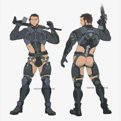 Rule 34 | 1boy, absurdres, anal hair, ass cutout, back, bara, beard, blue eyes, brown hair, bulge, bullpup, butt crack, character request, check character, chest harness, clothing cutout, crotchless, crotchless pants, dragunov svu, facial hair, full body, glaz (rainbow six siege), gun, hairy, harness, highres, hip vent, holding, holding gun, holding weapon, jockstrap, large pectorals, leg hair, levasoj, looking at viewer, male focus, male pubic hair, male underwear, mature male, multiple views, muscular, muscular male, over shoulder, pants, pectorals, pubic hair, rainbow six siege, revealing clothes, rifle, short hair, sniper rifle, stomach, stomach cutout, suppressor, thick thighs, thigh cutout, thighs, underwear, weapon, weapon over shoulder