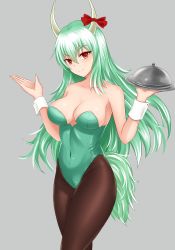 Rule 34 | 1girl, absurdres, alternate costume, bare arms, bare shoulders, blush, bow, breasts, brown pantyhose, cleavage, collarbone, commentary request, covered navel, cowboy shot, ex-keine, green hair, grey background, hair between eyes, hands up, head tilt, highres, holding, holding plate, horn bow, horn ornament, horns, kamishirasawa keine, large breasts, leotard, long hair, looking at viewer, no headwear, nontraditional playboy bunny, pantyhose, plate, playboy bunny, red bow, red eyes, shiny skin, simple background, smile, solo, standing, tail, thighs, touhou, wrist cuffs, wuwusan