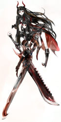 Rule 34 | 10s, 1girl, bad id, bad pixiv id, black gold saw, black hair, black rock shooter, boots, coat, dual persona, full body, highres, horns, huge weapon, king saw, long hair, long image, red eyes, simple background, solo, sword, tall image, tribute (tributism), weapon