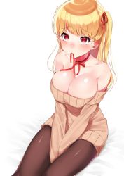 Rule 34 | 1girl, absurdres, bad id, bad twitter id, bare shoulders, bed sheet, between legs, black pantyhose, blonde hair, blunt bangs, blush, breasts, cleavage, collarbone, dress, highres, large breasts, long hair, looking at viewer, mouth hold, neck ribbon, nezumi doshi, pantyhose, red eyes, red ribbon, ribbon, sitting, solo, sweater, sweater dress, tokyo 7th sisters, two side up, uesugi u. kyouko, v arms