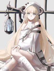 Rule 34 | 1girl, :|, absurdly long hair, absurdres, arknights, bare shoulders, birdcage, blonde hair, blue eyes, blunt bangs, bonnet, boots, cage, chromatic aberration, closed mouth, cross-laced footwear, dot nose, dress, hand on own knee, highres, horns, horns through headwear, in cage, knee boots, lace-up boots, long hair, looking at viewer, nightingale (arknights), shiro wa (shiroshironix), short dress, sitting, solo, teeth, thighs, very long hair, white dress, white footwear