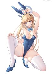 Rule 34 | 1girl, absurdres, animal ears, arm up, asagiri ai, bare shoulders, blonde hair, blue archive, blue bow, blue eyes, blue hairband, blue leotard, blue nails, bow, bowtie, braid, breasts, detached collar, fake animal ears, full body, groin, hairband, halo, high heels, highleg, highleg leotard, highres, leotard, long hair, medium breasts, official alternate costume, official alternate hairstyle, playboy bunny, rabbit ears, simple background, solo, squatting, thighhighs, thighs, toki (blue archive), toki (bunny) (blue archive), v, very long hair, white background, white thighhighs, wrist cuffs