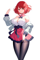 Rule 34 | 1girl, bare shoulders, black bow, black pantyhose, bow, breasts, cleavage, closed mouth, commentary request, hair between eyes, hand up, highres, jacket, large breasts, long sleeves, looking at viewer, off shoulder, open clothes, open jacket, pantyhose, puffy long sleeves, puffy sleeves, pyra (xenoblade), red eyes, red hair, red skirt, ririko (zhuoyandesailaer), short hair, simple background, skirt, smile, solo, standing, thighband pantyhose, white background, xenoblade chronicles (series), xenoblade chronicles 2