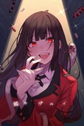 Rule 34 | 1girl, :d, black hair, blunt bangs, blush, breasts, brown hair, commentary request, highres, hime cut, jabami yumeko, kakegurui, large breasts, light, lips, long hair, looking at viewer, open mouth, poker chip, red eyes, ribbon, school uniform, shirt, smile, snake, solo, tomari (veryberry00), tongue