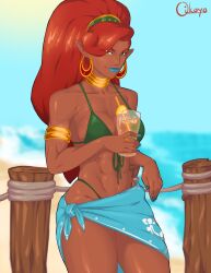 Rule 34 | 1girl, abs, armlet, beach, big hair, bikini, blue lips, blue sarong, blurry, blurry background, breasts, cleavage, cocktail, commentary, day, earrings, english commentary, front-tie bikini top, front-tie top, gerudo, green bikini, highres, hoop earrings, jewelry, long hair, long nose, medium breasts, muscular, muscular female, neck ring, nintendo, ocean, qikoyo, red hair, sarong, solo, standing, swimsuit, the legend of zelda, the legend of zelda: breath of the wild, thick thighs, thighs, urbosa
