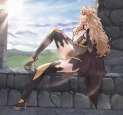 Rule 34 | 1girl, artist name, aztodio, blonde hair, blue sky, boots, breasts, cape, center opening, cleavage, closed mouth, cloud, covered navel, dated, day, fire emblem, fire emblem fates, from side, grey eyes, high heel boots, high heels, highres, long hair, medium breasts, nintendo, ophelia (fire emblem), platform footwear, sitting, sky, solo, stone wall, thigh boots, thighhighs, wall