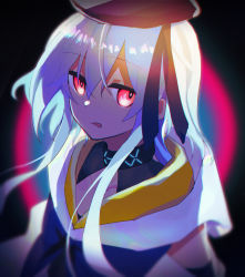 Rule 34 | a08, arknights, black background, black hat, blurry, blurry background, closed mouth, collar, collarbone, commentary, hair between eyes, hat, looking at viewer, medium hair, mizuki (arknights), red eyes, shirt, simple background, solo, tongue, tongue out, upper body, white hair