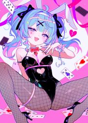 Rule 34 | 1girl, ace (playing card), ace of hearts, animal ears, bare arms, bare shoulders, black leotard, blue eyes, blue hair, blush, bow, bowtie, breasts, broken heart, card, cleavage, clothing cutout, covered navel, cuffs, cutout above navel, detached collar, fake animal ears, fishnet pantyhose, fishnets, fymrie, hair ornament, handcuffs, hatsune miku, heart, heart-shaped pupils, heart cutout, high heels, highres, leotard, long hair, looking at viewer, medium breasts, multicolored hair, necktie, pantyhose, pink background, pink hair, pink theme, playing card, rabbit ears, rabbit hair ornament, rabbit hole (vocaloid), red bow, red bowtie, red necktie, smug, solo, spade (shape), spaghetti strap, spread legs, symbol-shaped pupils, teardrop facial mark, twintails, two-tone hair, x hair ornament