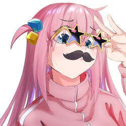 Rule 34 | absurdres, blue eyes, bocchi the rock!, chinese commentary, cube hair ornament, eye reflection, eyebrows hidden by hair, fake facial hair, fake mustache, gotoh hitori, hair ornament, highres, holding glasses, long hair, nanachides, pink hair, pink track suit, reflection, star-shaped eyewear, star (symbol), sunglasses, tagme, turtleneck, zipper