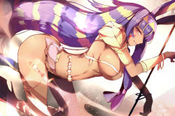 Rule 34 | 1girl, animal ears, arched back, ass, blush, bracelet, breasts, collarbone, dark-skinned female, dark skin, earrings, egyptian, egyptian clothes, facial mark, fate/grand order, fate (series), from side, hairband, hanging breasts, hoop earrings, jewelry, kyuu (plastic night q), large breasts, leaning forward, long hair, looking at viewer, multicolored hair, navel, nitocris (fate), nitocris (third ascension) (fate), purple eyes, purple hair, revealing clothes, sidelocks, smile, solo, standing, standing on one leg, thighs, two-tone hair, very long hair