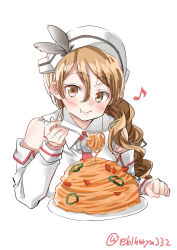 Rule 34 | 1girl, :t, blush, brown hair, closed mouth, collared shirt, detached sleeves, eating, ebifurya, food, fork, hair between eyes, hat, hat feather, highres, holding, kantai collection, lips, littorio (kancolle), long hair, long sleeves, looking at viewer, musical note, necktie, pasta, plate, ponytail, quaver, red necktie, shirt, simple background, solo, spaghetti, twitter username, upper body, wavy hair, wavy mouth, white background, white hat, white shirt, wing collar