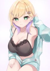 Rule 34 | 1girl, absurdres, aqua jacket, aqua shorts, arm at side, bare shoulders, bear hair ornament, black camisole, blonde hair, breasts, camisole, cleavage, collarbone, colored inner hair, cowboy shot, crop top, ear piercing, eyelashes, green eyes, hair intakes, hair ornament, hairclip, hand in own hair, hand on own thigh, hand up, highres, hood, hooded jacket, jacket, karmq, kurumi noah, lace-trimmed camisole, lace trim, large breasts, long sleeves, looking at viewer, medium hair, multicolored hair, navel, off shoulder, open clothes, open jacket, parted lips, partially unzipped, piercing, pink background, purple hair, shorts, simple background, sitting, sleeves past wrists, smile, solo, strap gap, striped clothes, striped jacket, swept bangs, teeth, two-tone hair, virtual youtuber, vspo!, zipper