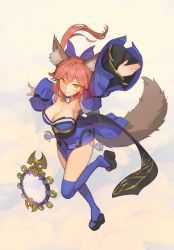 Rule 34 | 10s, 1girl, animal ear fluff, animal ears, black footwear, blue thighhighs, breasts, cleavage, closed mouth, commentary, dress, fate/extra, fate (series), full body, highres, large breasts, looking at viewer, multicolored background, multicolored clothes, multicolored dress, over-kneehighs, platform footwear, red hair, sandals, shield, shoe dangle, short hair, simple background, solo, standing, standing on one leg, tamamo (fate), tamamo no mae (fate/extra), thighhighs, timbougami, yellow eyes
