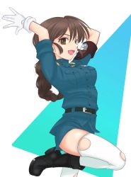 Rule 34 | 1girl, alternate costume, armband, arms up, belt, black belt, black footwear, blue jacket, blue skirt, boots, braid, braided ponytail, brown eyes, brown hair, combat boots, commentary request, cowboy shot, emblem, girls und panzer, jacket, leg up, long hair, looking at viewer, military, military uniform, miniskirt, one-hour drawing challenge, open mouth, partial commentary, pencil skirt, rukuriri (girls und panzer), rukuriritea, short sleeves, single braid, skindentation, skirt, sleeves rolled up, smile, solo, st. gloriana&#039;s (emblem), standing, standing on one leg, thighhighs, torn clothes, torn thighhighs, uniform