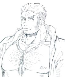 Rule 34 | 1boy, bara, bare pectorals, bead necklace, beads, chest hair, cross scar, facial hair, frown, harada (basashi), hood, hooded jacket, houzouin oniwaka, jacket, jewelry, large pectorals, long sideburns, looking at viewer, male focus, mature male, muscular, muscular male, necklace, nipples, open clothes, open jacket, pectorals, portrait, scar, scar on face, scar on forehead, short hair, sideburns, solo, stubble, thick eyebrows, tokyo houkago summoners, upper body
