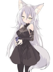 Rule 34 | 1girl, :o, alternate hair length, alternate hairstyle, animal ears, bare shoulders, black dress, black pantyhose, blade (galaxist), blush, box, breasts, detached sleeves, dress, gift, gift box, hair between eyes, holding, holding gift, long hair, long sleeves, looking at viewer, medium breasts, pantyhose, parted lips, pop-up story, rita drake, see-through, silver hair, sleeveless, sleeveless dress, sleeves past wrists, solo, tail, valentine, very long hair, white background, wolf ears, wolf girl, wolf tail, yellow eyes