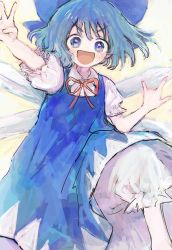 Rule 34 | 1girl, :d, arm up, bloomers, blue bow, blue dress, blue eyes, blue hair, bow, cirno, collared shirt, dot nose, dress, feet out of frame, frilled sleeves, frills, hair bow, hand up, ice, ice wings, knee up, large bow, looking at viewer, m/, nanzuyo (gnsi), neck ribbon, open mouth, pinafore dress, puffy short sleeves, puffy sleeves, red ribbon, ribbon, shirt, short hair, short sleeves, signature, simple background, sleeveless dress, smile, solo, tareme, touhou, underwear, v, v-shaped eyebrows, white shirt, wing collar, wings, yellow background