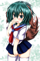 Rule 34 | 1girl, alternate costume, animal ears, breasts, clenched hand, ebi 193, floral background, green eyes, green hair, hand on own face, kasodani kyouko, looking at viewer, matching hair/eyes, miniskirt, motion lines, open mouth, school uniform, serafuku, short sleeves, skirt, skirt hold, solo, tail, thighhighs, touhou, zettai ryouiki