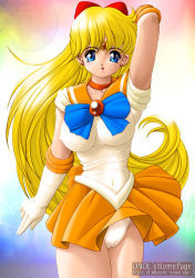 Rule 34 | 1990s (style), 1girl, aino minako, arm up, artist name, bishoujo senshi sailor moon, blonde hair, blue eyes, breasts, cameltoe, cleft of venus, covered navel, earrings, elbow gloves, female focus, gloves, impossible clothes, jewelry, large breasts, long hair, magical girl, onoe, panties, retro artstyle, sailor senshi uniform, sailor venus, school uniform, serafuku, solo, stud earrings, underwear, watermark, web address