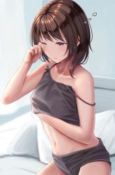 Rule 34 | 1girl, alternate costume, asymmetrical hair, black camisole, black shorts, blurry, blurry background, blush, breasts, brown hair, camisole, closed mouth, commentary, covered erect nipples, cowboy shot, day, fumei (mugendai), half-closed eye, hand under clothes, highres, indoors, navel, on bed, one eye closed, pillow, purple eyes, rubbing eyes, short hair, short shorts, shorts, sleepwear, sleepy, sleeveless, small breasts, solo, squeans, stomach, strap slip, sunlight, touhou, usami renko, waking up