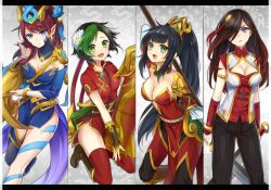 Rule 34 | 4girls, alternate costume, alternate hair color, aqua eyes, bangle, black hair, blue eyes, blush, bracelet, braid, breasts, caitlyn (league of legends), chinese clothes, cleavage, cleavage cutout, clothing cutout, earrings, fang, firecracker jinx, flower, green eyes, green hair, hair flower, hair ornament, hair over one eye, hair tubes, jewelry, jinx (league of legends), katarina (league of legends), konomoto (knmtzzz), large breasts, league of legends, looking at viewer, lunar wraith caitlyn, medium breasts, multicolored hair, multiple girls, nidalee, open mouth, parted lips, pointy ears, ponytail, red hair, scar, scar across eye, scar on face, thighhighs, two-tone hair, warring kingdoms katarina, warring kingdoms nidalee