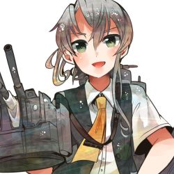 Rule 34 | 10s, 1girl, bad id, bad twitter id, black vest, blush, buttons, cannon, collared shirt, eyebrows, gloves, green eyes, hair between eyes, itomugi-kun, kantai collection, looking at viewer, neckerchief, necktie, nowaki (kancolle), open mouth, school uniform, shirt, short hair, short sleeves, silver hair, simple background, sleeveless, smile, solo, tie clip, turret, upper body, vest, white background, white gloves, white shirt, yellow necktie