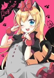 Rule 34 | 1girl, ;d, animal ears, blonde hair, blue eyes, bow, cat ears, cat tail, cropped jacket, dokidoki! precure, dress, hair bow, highres, kuune rin, long hair, one eye closed, open mouth, precure, regina (dokidoki! precure), smile, solo, tail