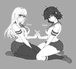 Rule 34 | 2girls, aged down, breasts, curvy, fubuki (one-punch man), highres, holding hands, interlocked fingers, large breasts, loafers, long hair, looking at viewer, looking to the side, medium breasts, monochrome, multiple girls, neckerchief, one-punch man, psychos (one-punch man), psykos, rimless eyewear, school uniform, seiza, serafuku, shoes, short hair, short sleeves, sidelocks, sitting, skirt, smile, socks, the golden smurf