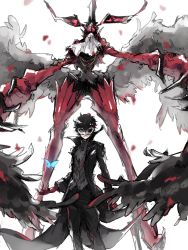 Rule 34 | 10s, 2boys, amamiya ren, arsene (persona 5), black hair, black wings, bug, butterfly, feather wings, gloves, highres, bug, light background, looking at viewer, male focus, mask, multiple boys, persona, persona 5, red gloves, red handwear, short hair, simple background, smile, white background, wings