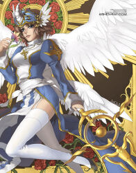 Rule 34 | 1girl, black footwear, blue dress, breasts, commentary, cross, cross necklace, dress, english commentary, english text, feathers, flower, foot out of frame, garter straps, gift art, high heels, high priest (ragnarok online), holding, holding staff, horns, jewelry, juliet sleeves, long sleeves, looking at viewer, medium breasts, multiple wings, necklace, pelvic curtain, puffy sleeves, ragnarok online, red flower, red rose, rose, sash, seraph, shilin, short hair, single horn, smile, solo, staff, thighhighs, thorns, two-tone dress, visor (armor), watermark, web address, white dress, white sash, white wings, wings
