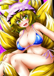 Rule 34 | 1girl, :d, absurdres, animal hat, bad id, bad pixiv id, bikini, blonde hair, blue bikini, breasts, cleavage, fang, fox tail, groin, hand on own leg, hat, highres, huge breasts, looking at viewer, mob cap, multiple tails, navel, open mouth, pink background, pink hat, riru neko, short hair, sitting, smile, solo, swimsuit, tail, touhou, yakumo ran, yellow eyes