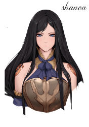 Rule 34 | 1girl, armor, bare shoulders, black hair, blue eyes, blue ribbon, breastplate, breasts, castlevania: order of ecclesia, castlevania (series), closed mouth, highres, konami, large breasts, laserflip, long hair, looking at viewer, neck ribbon, ribbon, shanoa, shoulder tattoo, simple background, swept bangs, tattoo, very long hair, white background