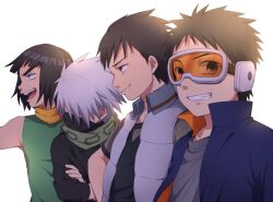 Rule 34 | 4boys, aged down, black eyes, black hair, child, commentary request, goggles, hatake kakashi, looking at viewer, male focus, mask, might guy, mouth mask, multiple boys, naruto (series), naruto shippuuden, open mouth, orange scarf, sarutobi asuma, scarf, short hair, simple background, smile, takaichi (as121), teeth, uchiha obito, white background, white hair