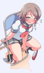 Rule 34 | 1girl, azukilib, between legs, black socks, blue background, blue eyes, blush, breasts, breath, brown hair, chair, embarrassed, female focus, folding chair, from above, full body, grey sailor collar, grey skirt, half-closed eyes, hand between legs, heavy breathing, highres, japanese text, kneehighs, looking at viewer, love live!, love live! sunshine!!, miniskirt, neckerchief, nose blush, on chair, open mouth, pee, peeing, peeing self, puddle, raised eyebrows, red footwear, red neckerchief, sailor collar, school uniform, serafuku, shirt, shoes, short hair, short sleeves, sidelocks, sideways mouth, simple background, single shoe, sitting, skirt, small breasts, socks, solo, sweat, swept bangs, thighs, tie clip, translated, trembling, unworn shoe, watanabe you, wet, wet clothes, wet skirt, white shirt