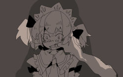 Rule 34 | 1girl, finger in another&#039;s mouth, monochrome, mouth pull, pov, saliva, scared, shadow, short twintails, solo focus, tears, tomatojam, twintails