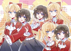 2girls blonde_hair blue_eyes blue_skirt bow brown_eyes brown_hair claire_francois curly_hair jacket lingxun0328 long_hair multiple_girls open_mouth rae_taylor red_bow red_jacket short_hair simple_background skirt smile watashi_no_oshi_wa_akuyaku_reijou