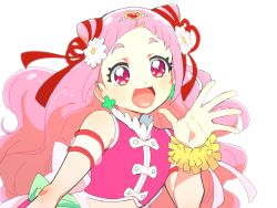 Rule 34 | 1girl, :d, azuma yukihiko, commentary request, cone hair bun, cure yell, earrings, eyelashes, flower, hair bun, hair flower, hair ornament, happy, highres, hugtto! precure, jewelry, long hair, looking at viewer, magical girl, nono hana, open mouth, pink eyes, pink hair, precure, simple background, sketch, smile, solo, white background